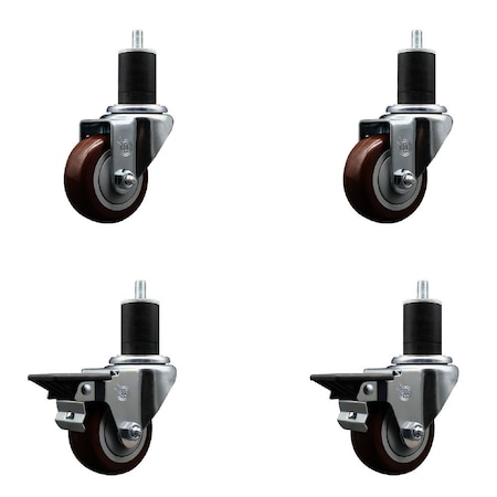 Service Caster 3'' Maroon Poly Wheel Swivel 1-3/4'' Expanding Stem Caster Set 2 Brakes, 4PK SCC-EX20S314-PPUB-MRN-2-PLB-2-134